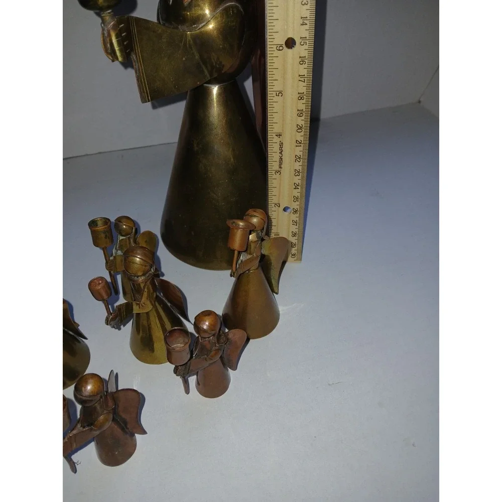 7  Vintage Rustic Copper & Brass Angel Candle Holder Set‎ Mexico Christmas Decor